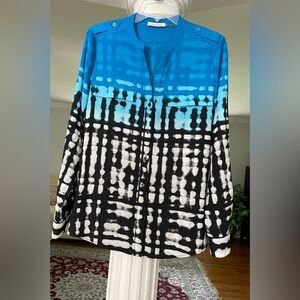 Calvin Klein women’s long sleeve v-neck thin aqua blue, black and white blouse